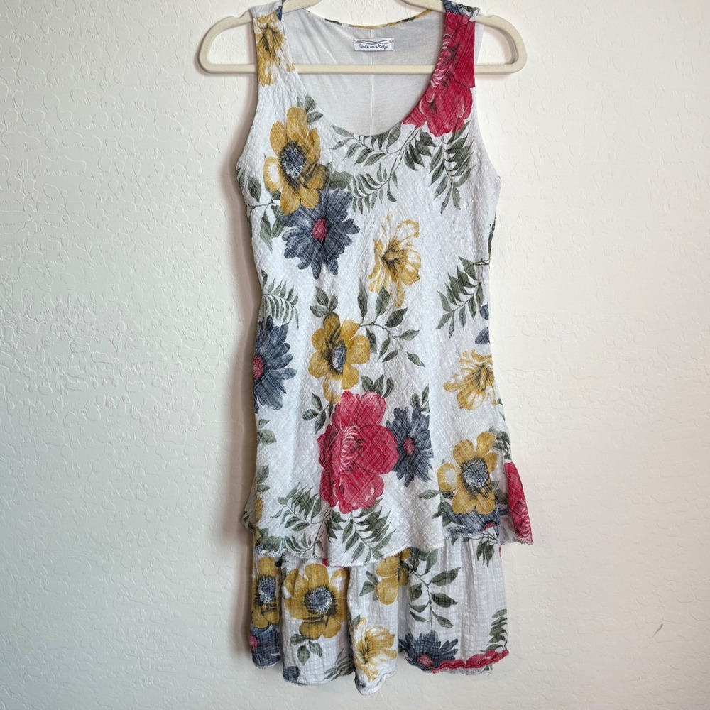 Made‎ in Italy Floral Tiered Mini Dress Sleeveless Lagenlook Boho Vacation